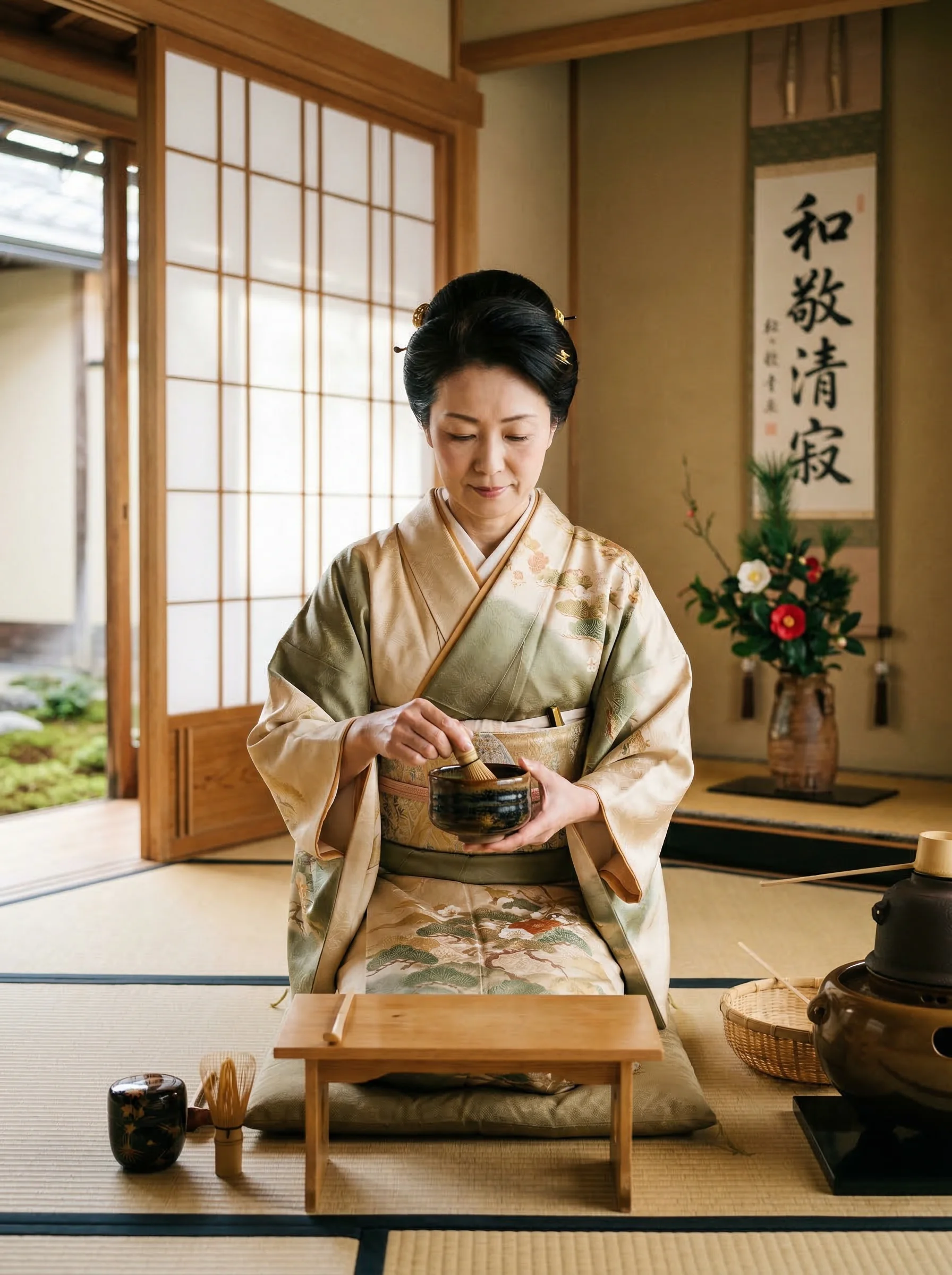 Tea master Keiko Fujimoto performing a traditional tea ceremony in a Kyoto tea house