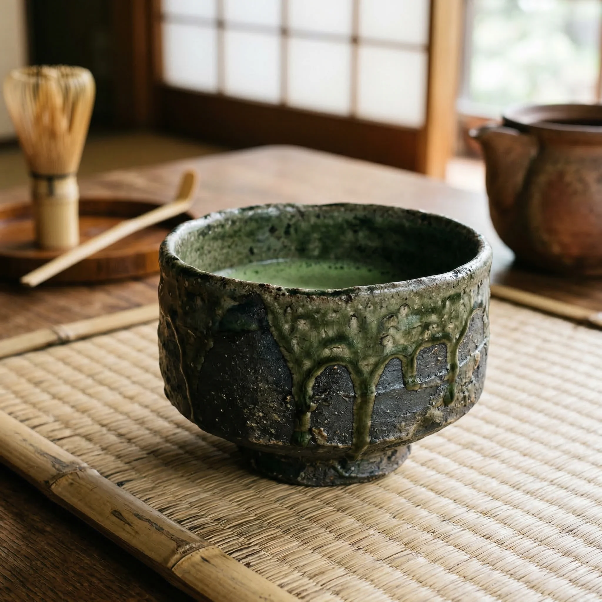 Handcrafted Japanese raku ceramic tea bowl with moss green glaze drip pattern