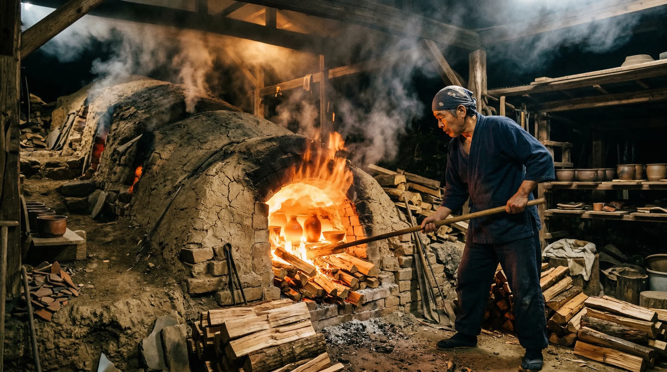 Artisan tending a traditional Japanese wood-fired anagama kiln with ceramic pieces visible in the flames