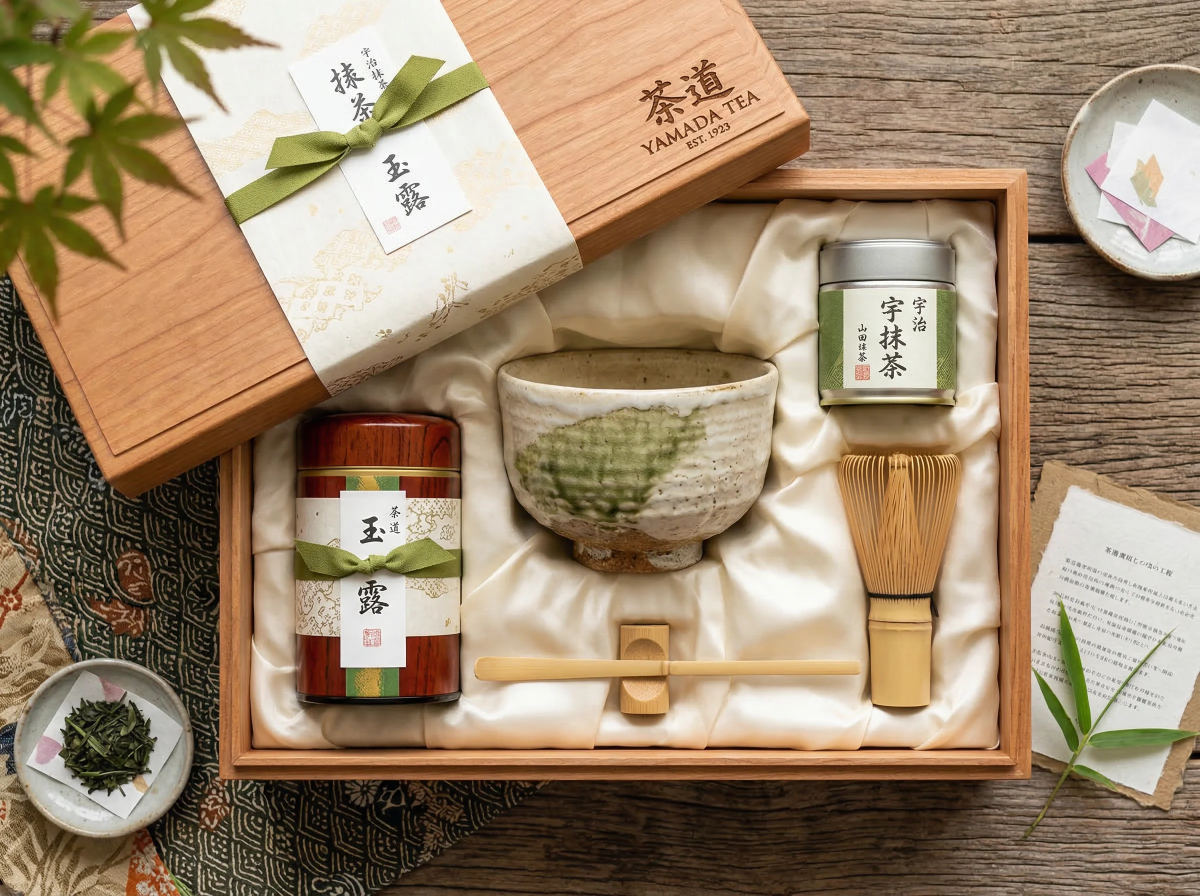 Luxurious Japanese tea ceremony gift set in a wooden presentation box