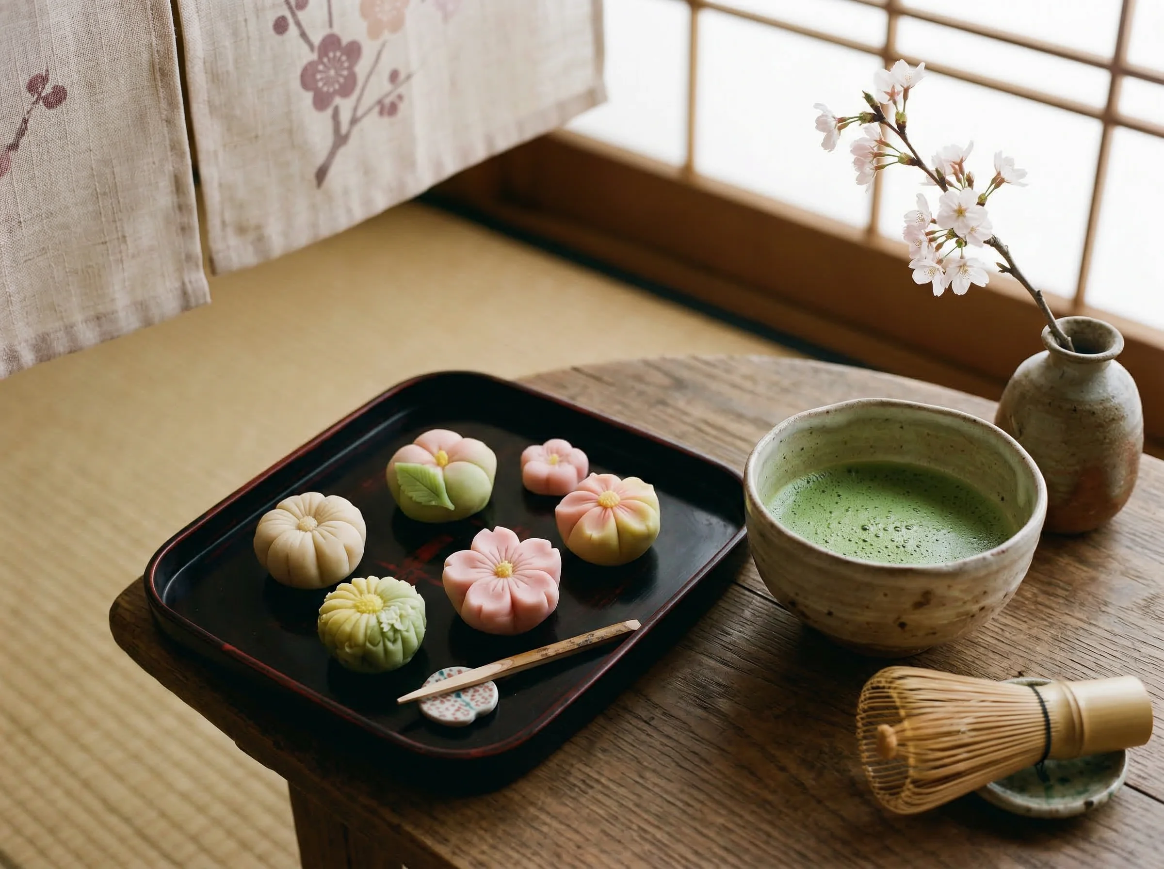 Beautiful Japanese wagashi sweets with seasonal flower shapes paired with matcha