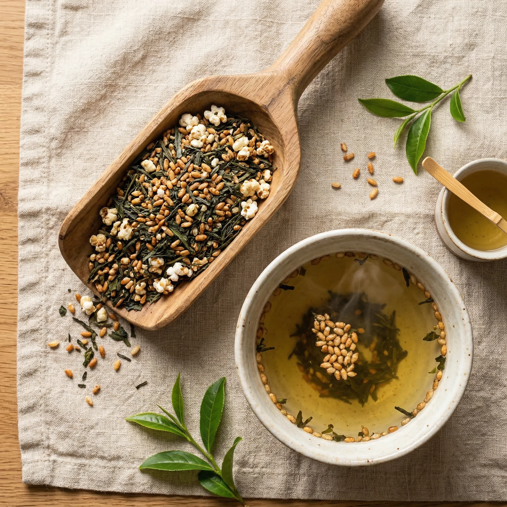 Genmaicha rice tea blend with toasted rice grains and green tea leaves