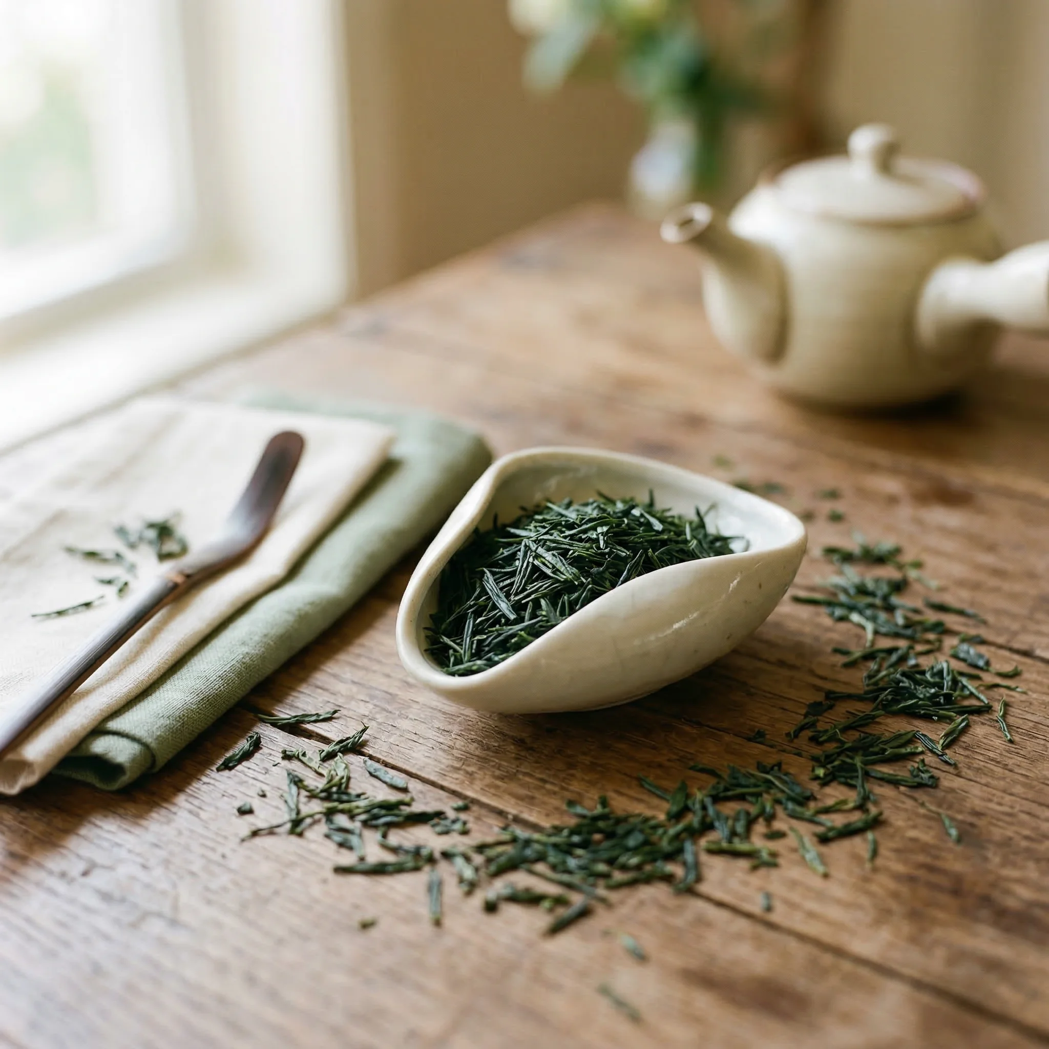 Premium gyokuro green tea leaves in a delicate white porcelain dish