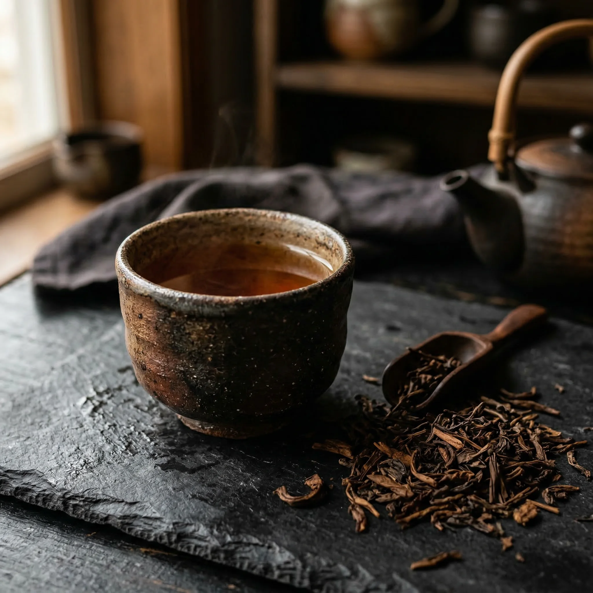 Cup of warm hojicha roasted tea with scattered roasted leaves