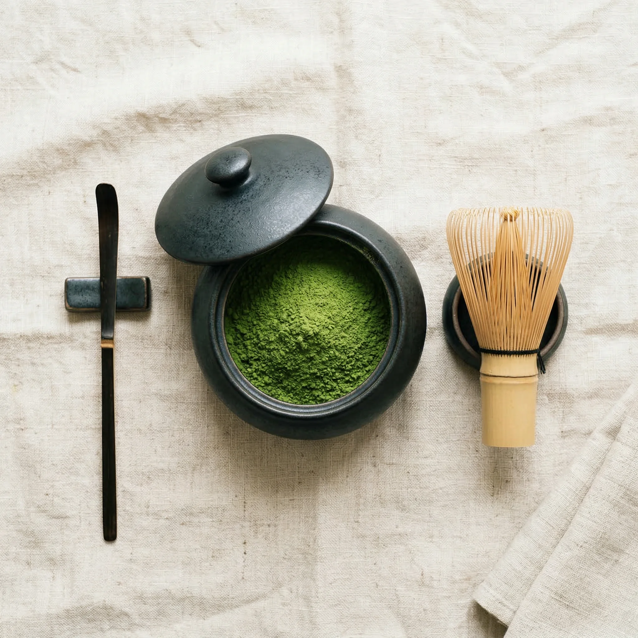 Ceremonial grade matcha powder in a dark ceramic container with bamboo whisk
